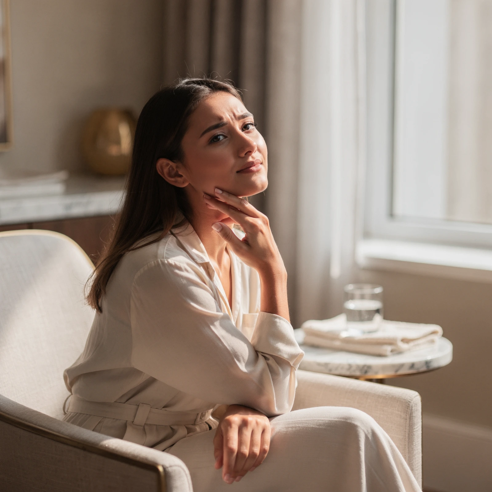 Woman touching her jaw in discomfort while sitting on a couch in a bright, modern interior
